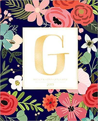 okumak Weekly &amp; Monthly Planner 2019: Navy Florals with Red and Colorful Flowers and Gold Monogram Letter G (7.5 x 9.25”) Vertical AT A GLANCE Personalized Planner for Women Moms Girls and School