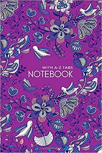 okumak Notebook with A-Z Tabs: 4x6 Lined-Journal Organizer Mini with Alphabetical Section Printed | Fantasy Flower Bird Design Purple