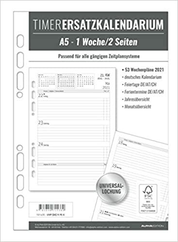 okumak Timer Ersatzkalendarium A5 2021 - Bürokalender - Buchkalender A5 (15x21 cm) - Universallochung - 1 Woche 2 Seiten - 128 Seiten - Alpha Edition