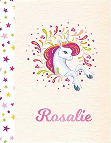 okumak Rosalie: Unicorn Personalized Custom K-2 Primary Handwriting Pink Blank Practice Paper for Girls, 8.5 x 11, Mid-Line Dashed Learn to Write Writing Pages