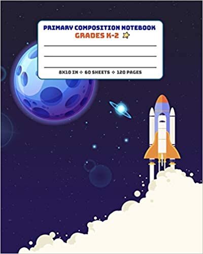 okumak Primary Composition Notebook Grades K-2: Picture drawing and Dash Mid Line hand writing paper Story Paper Journal - Spaceship Moon Design (Primary Composition Space Adventure)