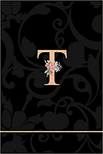 okumak T: Letter T Monogram Floral Journal, Pink Flowers on Elegant Black, Personal Name Initial Personalized Journal, 6x9 inch blank lined college ruled notebook diary, perfect bound, Soft Cover