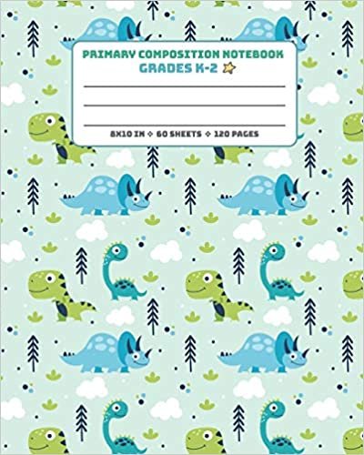 okumak Primary Composition Notebook Grades K-2: Picture drawing and Dash Mid Line hand writing paper Story Paper Journal - Blue Pattern Dinosaur Design (Dinosaurs Primary Composition Journals, Band 18)