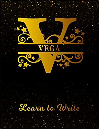 okumak Vega Learn to Write: Personalized Letter V First Name Handwriting Primary Composition Practice Paper | Gold Glitter Effect Notebook Cover | Dashed ... 1st 2nd 3rd Grade Students (K-1, K-2, K-3)