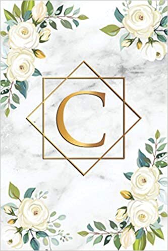 okumak C: Monogram Letter C College Ruled Notebook - Matte Grey Marble &amp; Gold - Personal Initial Letter Medium Lined Blank Journal - White Floral Design