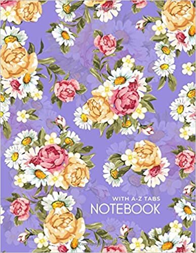 okumak Notebook with A-Z Tabs: 8.5 x 11 Lined-Journal Organizer Large with Alphabetical Sections Printed | Peony and Daisy Flower with Shadow Design Blue-Violet