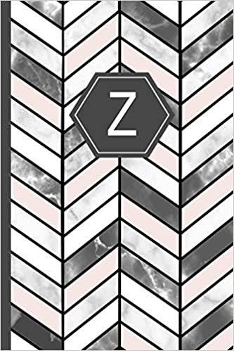 okumak Z: Stylish Chevron Letter Z Monogram, Pink Grey &amp; White Marble Journal 6x9 inch blank lined college ruled Notebook 120 page perfect bound Glossy Soft Cover Diary