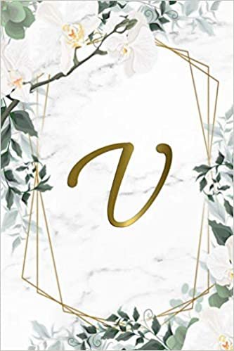 okumak V: Cute Letter V Initial Monogram Dot Grid Bullet Notebook for Women, Girls &amp; School - Personalized Blank Journal &amp; Diary with Dot Gridded Pages - Vintage White Floral Marble &amp; Gold