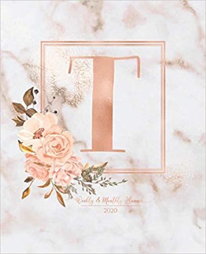 okumak Weekly &amp; Monthly Planner 2020 T: Pink Marble Rose Gold Monogram Letter T with Pink Flowers (7.5 x 9.25 in) Horizontal at a glance Personalized Planner for Women Moms Girls and School