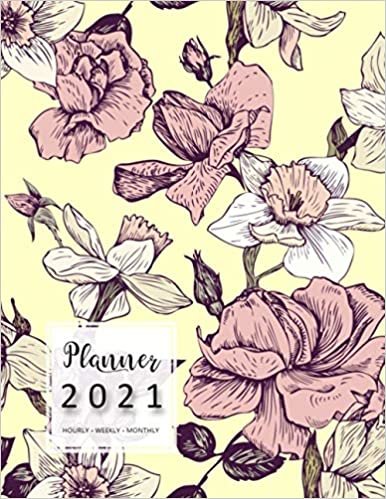 okumak Planner 2021 Hourly Weekly Monthly: 8.5 x 11 Large Notebook Organizer with Hourly Time Slots | Jan to Dec 2021 | Drawing Vintage Narcissus Flower Design Yellow