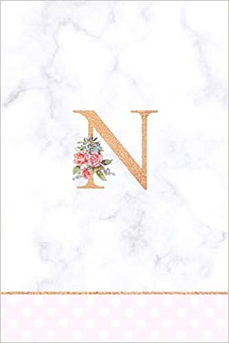okumak N: Rose Gold Letter N Monogram Floral Journal, Pink Flowers on White Marble, Personal Name Initial Personalized Journal, 6x9 inch blank lined college ruled notebook diary, perfect bound, Soft Cover