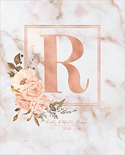 okumak Weekly &amp; Monthly Planner 2020 R: Pink Marble Rose Gold Monogram Letter R with Pink Flowers (7.5 x 9.25 in) Vertical at a glance Personalized Planner for Women Moms Girls and School