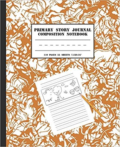 okumak Primary Story Journal Composition Notebook: Grades K-2 Dashed Midline and Picture Space Journal: Orange Abstract Marble Pattern
