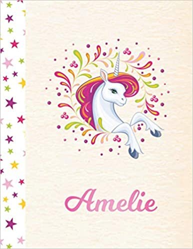okumak Amelie: Unicorn Personalized Custom K-2 Primary Handwriting Pink Blank Practice Paper for Girls, 8.5 x 11, Mid-Line Dashed Learn to Write Writing Pages