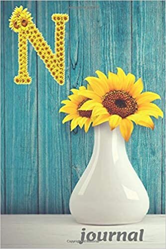 okumak N: Monogram Sunflower Personalized Initial Letter N Blank Lined Notebook, Journal and Diary With a Rustic Blue Wood Background.