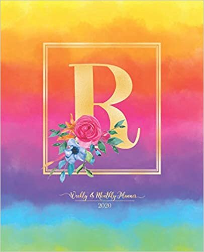 okumak Weekly &amp; Monthly Planner 2020 R: Rainbow Colorful Watercolor Monogram Letter R with Flowers (7.5 x 9.25 in) Horizontal at a glance Personalized Planner for Women Moms Girls and School