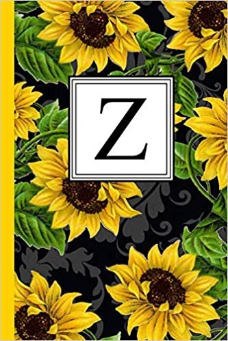 okumak Z: Floral Letter Z Monogram personalized Journal, Black &amp; Yellow Sunflower pattern Monogrammed Notebook, Lined 6x9 inch College Ruled 120 page perfect bound Glossy Soft Cover