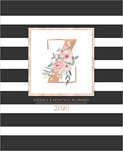 okumak Weekly &amp; Monthly Planner 2020 Z: Black and White Stripes Rose Gold Monogram Letter Z with Pink Flowers (7.5 x 9.25 in) Vertical at a glance Personalized Planner for Women Moms Girls and School