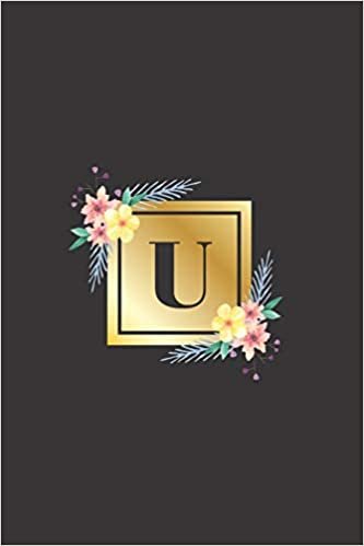 okumak U: Monogrammed Initial Notebook, black, white, gold and floral notebook cover with 120 blank pages.