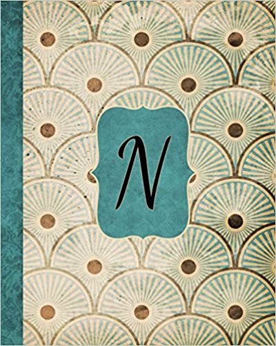 okumak N: Antique Aqua Pattern Journal, Monogram Initial Letter N, Gratitude Interior Pages