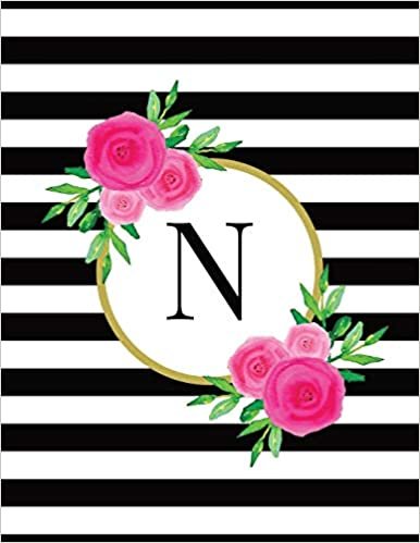 okumak Black and White Striped Pink Floral Monogram Journal with Letter N