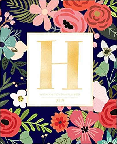 okumak Weekly &amp; Monthly Planner 2019: Navy Florals with Red and Colorful Flowers and Gold Monogram Letter H (7.5 x 9.25”) Vertical AT A GLANCE Personalized Planner for Women Moms Girls and School