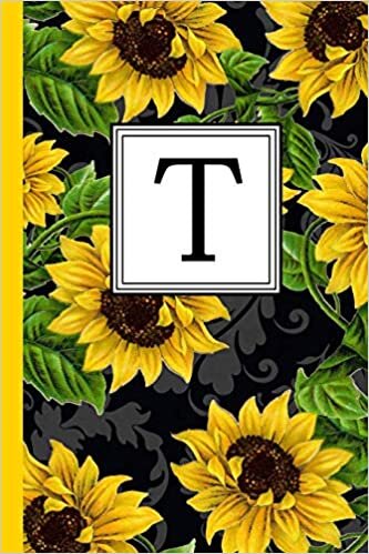 okumak T: Floral Letter T Monogram personalized Journal, Black &amp; Yellow Sunflower pattern Monogrammed Notebook, Lined 6x9 inch College Ruled 120 page perfect bound Glossy Soft Cover