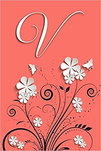 okumak V: Letter V Journal, Flowers and Butterflies on Coral, Personalized Notebook Monogram Initial, 6 x 9