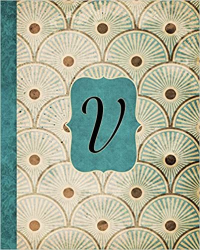 okumak V: Antique Aqua Pattern Journal, Monogram Initial Letter V, Gratitude Interior Pages