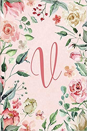 okumak Notebook 6”x9” - Initial V - Pink Green Floral Design: College ruled notebook with initials/monogram - alphabet series. (Initial/Letter V - Pink Green Floral Design Notebook 6”x9”)