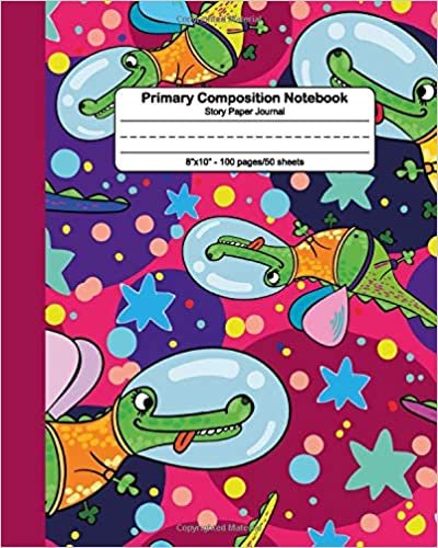 okumak Primary Composition Notebook: Awesome Space Handwriting Notebook with Dashed Mid-line and Drawing Space | Grades K-2, 100 Story Pages | Cool Galaxy Crocodile Print for Kids