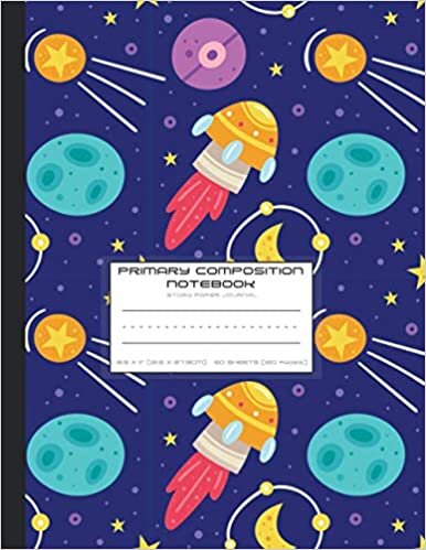 okumak Primary Composition Notebook: Bright planets, space and rockets pattern. 120 Page Story Paper Journal. Dotted midline writing paper and picture space ... Book. Kids grade K - 2 School supplies.