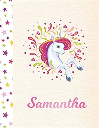 okumak Samantha: Unicorn Personalized Custom K-2 Primary Handwriting Pink Blank Practice Paper for Girls, 8.5 x 11, Mid-Line Dashed Learn to Write Writing Pages