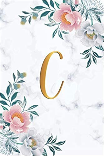 okumak C: Monogram Letter C College Ruled Notebook - Matte White Marble &amp; Gold - Personal Initial Letter Medium Lined Blank Journal - Vintage Floral
