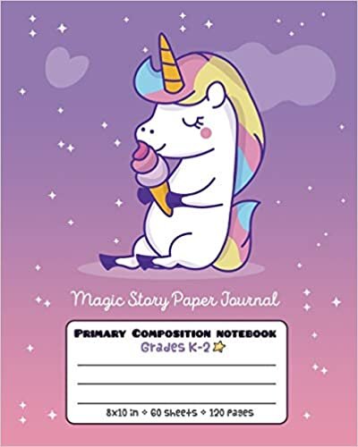 okumak Primary Composition Notebook Grades K-2 Magic Story Paper Journal: Picture drawing and Dash Mid Line hand writing paper - Purple Ice cream Unicorn Design (Unicorn Magic Story Journal, Band 5)
