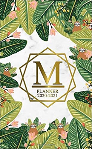 okumak 2020-2021 Planner: Monogram Initial Letter M | Two Year 2020-2021 Monthly Pocket Planner | Cute 24 Months Spread View Agenda With Notes, Holidays, ... &amp; Password Log | Exotic Floral Sloth &amp; Marble