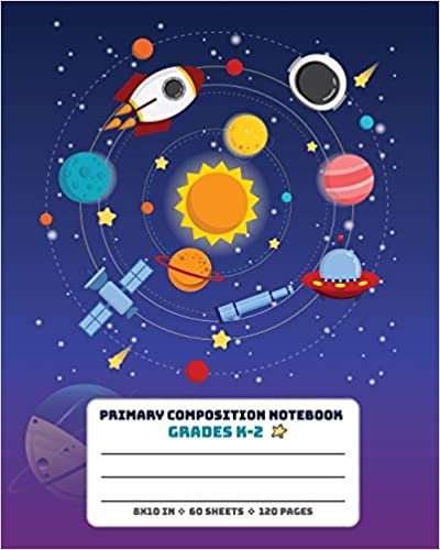 okumak Primary Composition Notebook Grades K-2: Picture drawing and Dash Mid Line hand writing paper Story Paper Journal - Alien Spaceship Sun Design (Space Magic Story Jurnal, Band 13)