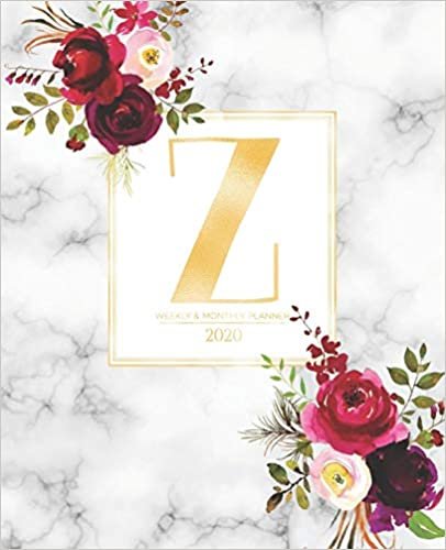 okumak Weekly &amp; Monthly Planner 2020 Z: Burgundy Marsala Flowers Gold Monogram Letter Z (7.5 x 9.25 in) Vertical at a glance Personalized Planner for Women Moms Girls and School