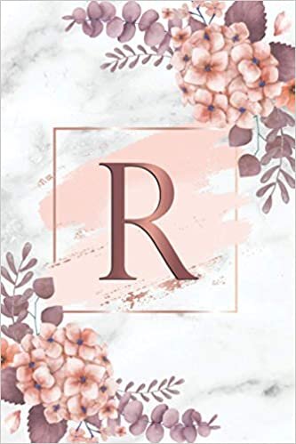 okumak R: Monogram Letter R Wide Ruled Blank Notebook | Glossy Personal Initial Letter Wide Lined Journal | Rose Gold Floral &amp; White Marble