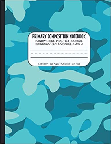okumak Primary Composition Notebook | Handwriting Practice Journal Kindergarten &amp; Grades K-2/K-3: Blue Camouflage Handwriting Practice Paper with 3 Lines ... Kindergarten | 120 Lined Pages | 7.44&quot;x9.69&quot;