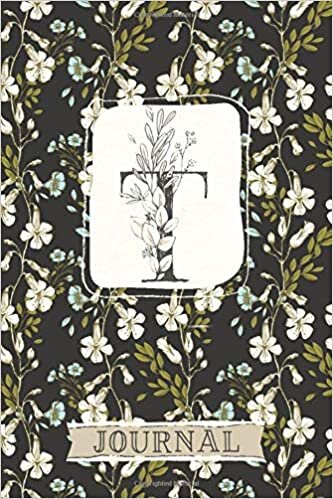 okumak T Journal: Floral Notebook Monogram Initial T Blank Lined Journal | Ivory and Sky Blue Flowers | Decorated Interior