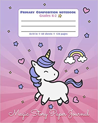 okumak Magic Story Paper Journal Primary Composition Notebook Grades K-2: Picture drawing and Dash Mid Line hand writing paper - Rainbow Unicorn Purple Design (Primary Composition Journal Unicorn, Band 18)