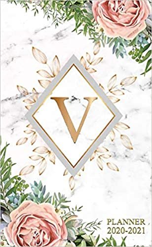 okumak V 2020-2021: Nifty Floral Two Year 2020-2021 Monthly Pocket Planner | 24 Months Spread View Agenda With Notes, Holidays, Password Log &amp; Contact List | Marble &amp; Gold Monogram Initial Letter V