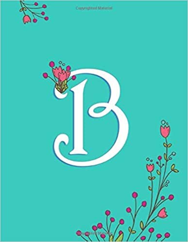 okumak B: Turquoise Monogram B Initial Blank Lined Journal – Pretty Pastel Floral Notebook For Women, Smooth Glossy Cover, 100 College Ruled Pages, 8.5x11” Extra Large Size