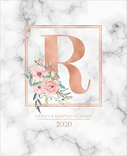 okumak Weekly &amp; Monthly Planner 2020 R: Rose Gold Marble Monogram Letter R with Pink Flowers (7.5 x 9.25 in) Vertical at a glance Personalized Planner for Women Moms Girls and School