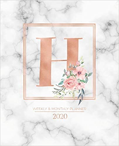 okumak Weekly &amp; Monthly Planner 2020 H: Rose Gold Marble Monogram Letter H with Pink Flowers (7.5 x 9.25 in) Vertical at a glance Personalized Planner for Women Moms Girls and School