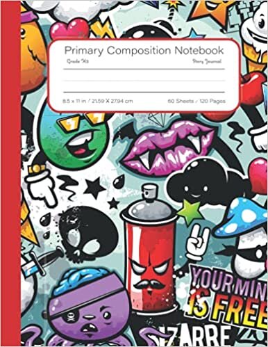 okumak Primary Composition Notebook: Story Journal, Wide Ruled Dotted Midline and Picture Space, Grades K-2 Writing and Drawing Workbook, Large 8.5”x11” 120 pages, Fun Colorful Cartoon Graffiti