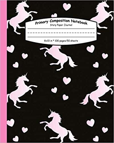 okumak Primary Composition Notebook: Magical Handwriting Notebook with Dashed Mid-line and Story Paper Journal | Grades K-2, 100 Story Pages | Pretty Love Unicorn Print for Boys &amp; Girls