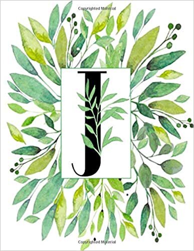 okumak J: Monogram J Elegant Watercolor Leafy Greenery Initial J Digitally Printed Cover On A 110 Page (55 Sheets) College Ruled Notebook, Large 8.5 X 11 Size.