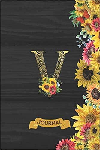 okumak V Journal: Spring Sunflowers Journal Monogram Initial V Lined and Dot Grid Notebook | Decorated Interior